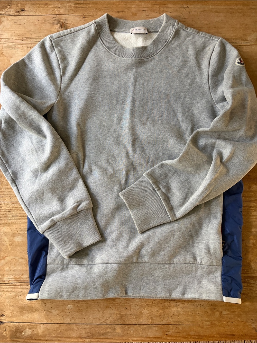 Moncler Maglia Girocollo  Men’s Gray w/ Blue Nylon Sides Crewneck Sweatshirt